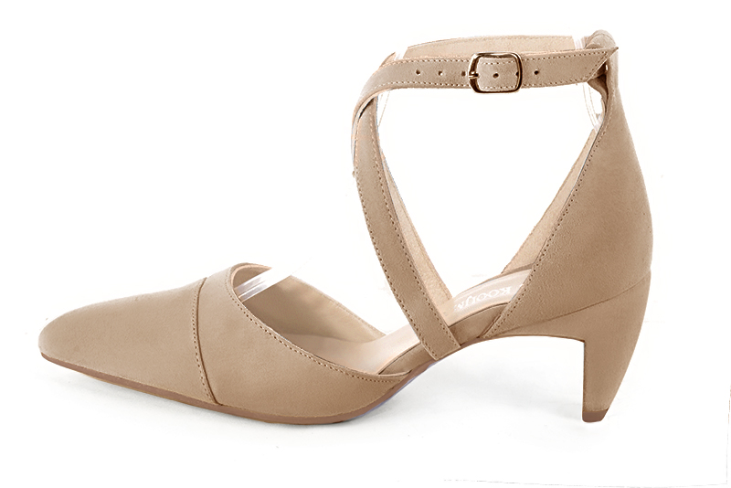 Biscuit beige women's open side shoes, with crossed straps. Tapered toe. Medium comma heels. Profile view - Florence KOOIJMAN